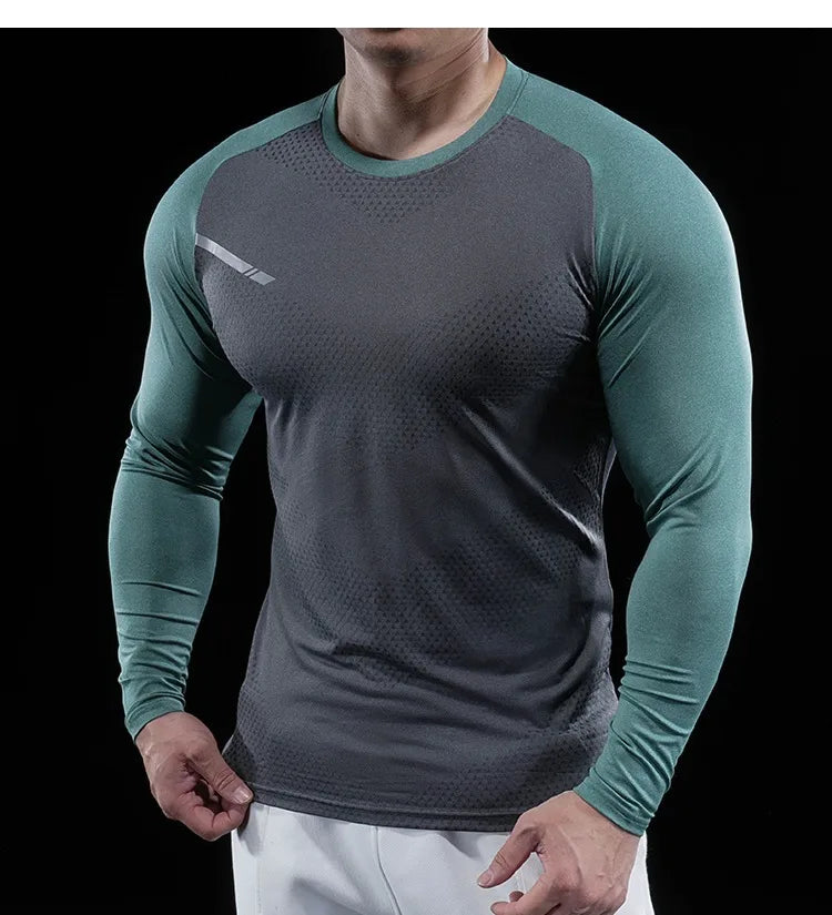 Men’s Gym Fitness Display Long Sleeve T-Shirt | Elastic Moisture Wicking Tights