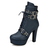 Damen Plateau Stiefeletten elegant mit seitlichem Reißverschluss – Schnür-Stiefeletten mit hohem Absatz