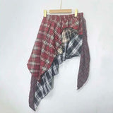 Women’s Red Plaid Patchwork A-Line High-Waist Irregular Skirt