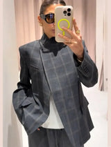 Women’s Plaid Print Blazer Jacket – Fashion Stand Collar Full Sleeve Split Coat