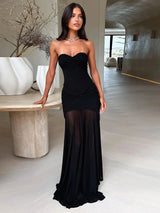 Women’s Ruched Strapless Long Dress – Sexy Sleeveless Mesh Splice Maxi