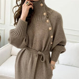 Women’s Vintage Turtleneck Knitted Dress – Long Sleeve Button Bandage Midi Dress