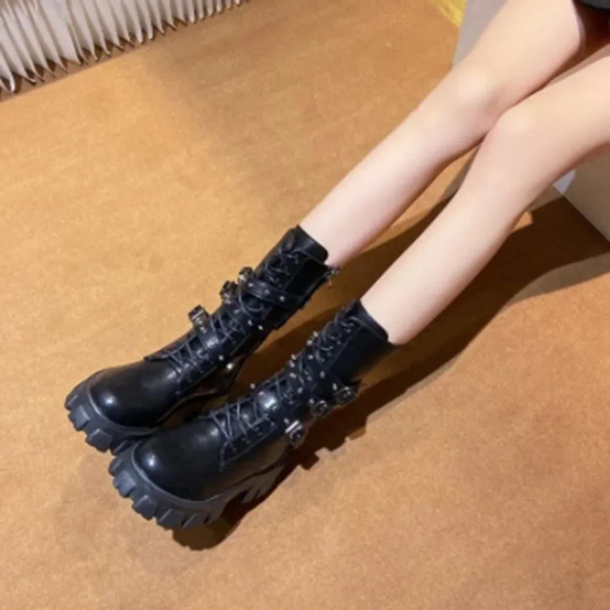 Women’s Gothic PU Leather Platform Mid-Calf Boots