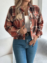 Women’s Plaid Cropped Woolen Jacket – Lantern Long Sleeve Button-Up Coat