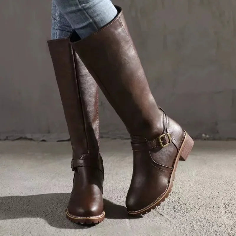 Women’s Punk Buckle Platform Knee-High Side-Zip Riding Boots