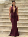 Sexy tief ausgeschnittenes, drapiertes Maxikleid mit V-Ausschnitt – Sommerliches Neckholder-Kleid für Damen, rückenfrei, lang