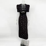 Damen Sexy Hohlspitze Kleid – Elegantes Kurzarm-Kleid mit Druck, hoher Taille und schmaler Passform für Sommerpartys