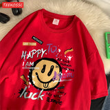 Cute Smiling Face Graffiti T-Shirt - Women's Fun Graphic Cotton Tee