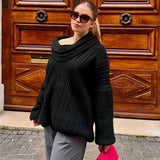 Women’s Off-Shoulder Knit Sweater – Brown Retro Loose Casual Pullover