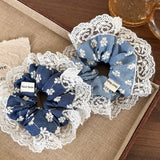 Denim Color Embroidered Flowers Lace Hair Scrunchies