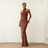 Damen Sexy Satin-Maxikleid mit Cut-Outs – Tailliertes Partykleid mit hoher Taille