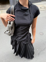 Women’s Vintage Black Cropped Blouse – Irregular Button Fashion Top, Slim Fit Short Sleeve Lapel Shirt