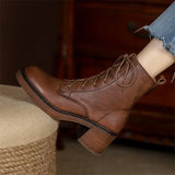 Damen Stiefeletten aus echtem Leder mit dickem Plateau-Absatz – Retro-Schnürstiefel mit runder Kappe