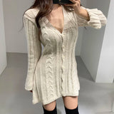 Women’s Cable Knit Sweater Dress – Long Sleeve Button Down Mini Dress