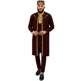 Men’s 4-Piece Agbada Set – Embroidery Robe, Shirt, Pants, and Hat, Traditional Dashiki Wedding Suit