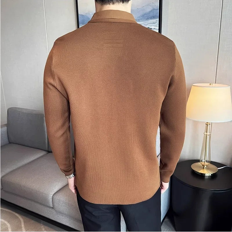 Men’s Autumn Fake 2-Piece Knitted Cardigan – Traceless Shirt Collar Spliced Pullover
