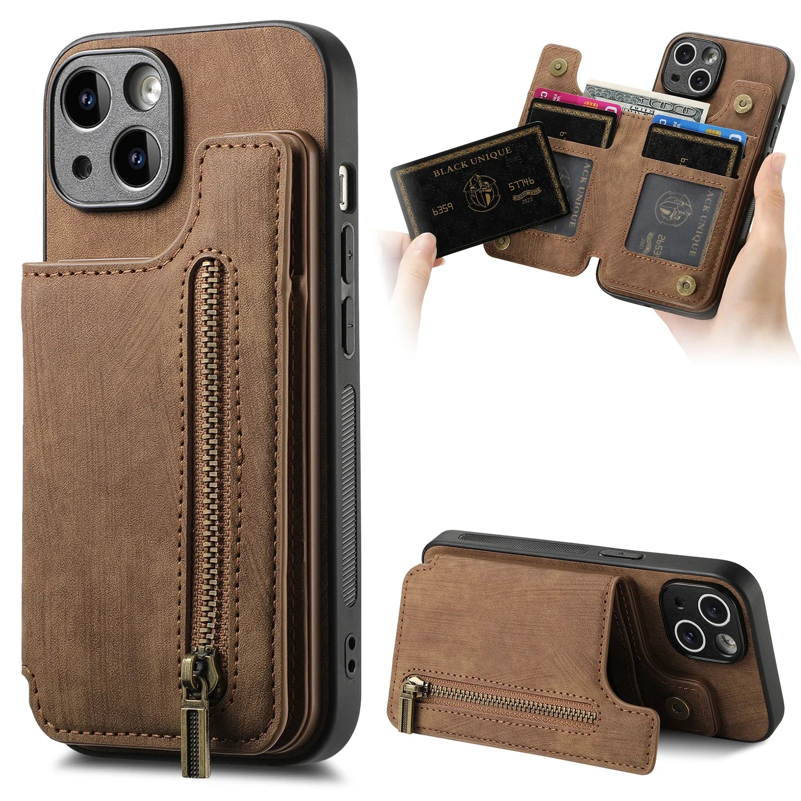 Zipper Wallet Leather Case for iPhone 17 Air 16 15 14 Pro Max | Card Slot Pocket