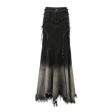 Damen Schwarzer Jeansrock mit Farbverlauf im Meerjungfrauen-Stil | Hochtaillierter Maxi-Jeansrock mit offener Kante