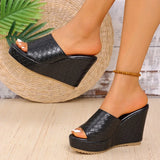 Women’s Peep Toe Black PU Leather Chunky Platform Wedge Sandals Super High Heel Weave Pattern Shoes