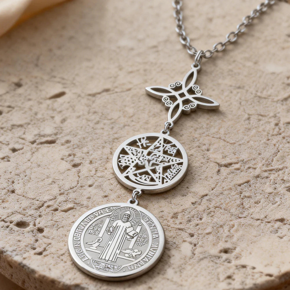 Triple Protection Necklace for Women & Men | Stainless Steel Witch Knot, Pentagram & Tetragrammaton Pendant