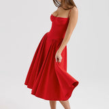 Women's Elegant Red Spaghetti Strap Midi Dress