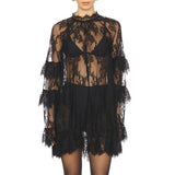 Women’s Sexy Lace Sheer Mesh Dress – Floral See-Through High Neck Mini Dress