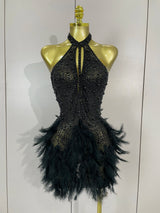 Luxuriöses Damen-Minikleid mit Strass und Perlen – Sexy Feder-Neckholder-Abendkleid mit Rückenausschnitt