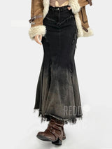 Damen Schwarzer Jeansrock mit Farbverlauf im Meerjungfrauen-Stil | Hochtaillierter Maxi-Jeansrock mit offener Kante