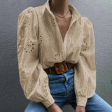 Damen-Hohlsaum-Bluse mit Puffärmeln – Freizeit-Lockers Hemd, Einfarbig