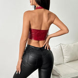 Damen sexy Halter-Tanktop aus PU-Leder | Überkreuzter Bandage-Bustier