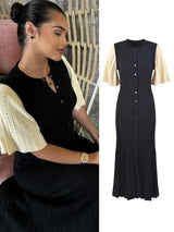 Elegantes Strick Maxikleid im Patchwork-Design für Damen – Edles Langarm-Rippkleid mit Hohlsaum
