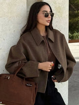 Damen braune Reißverschluss-Wolljacke – Eleganter Revers Langarm Kurzmantel