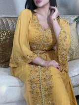 The "Saffron Royale" Gown – Signature Yellow Diamond Embroidery Kaftan – Luxury Morocco Party Dress