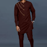 Afrikanisches Einreihiges Hemd mit Kettendetail und Hose Herren 2-teiliges Bazin Riche Set