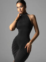 Ärmelloses Neckholder-Maxikleid für Damen mit Raffungen – Sexy figurbetontes langes Kleid mit seitlichem Schlitz