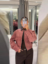 Damen Pinke Cordjacke mit Reißverschluss und langen Ärmeln