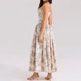 Women's Elegant Beige Floral Print Midi Dress