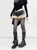 Gyaru Y2K Low-Rise Denim Shorts | Schmetterlingsnieten & ausgehöhlte Schnür-Jeans-Shorts