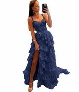 Sparkly Tiered Lace Tulle Prom Dress | Long Spaghetti Strap Corset Gown
