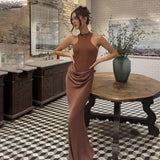 Damen Sexy Satin-Maxikleid mit Cut-Outs – Tailliertes Partykleid mit hoher Taille