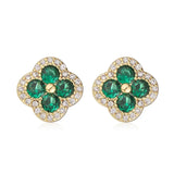 18K Gold Plated Flower Stud Earrings - Sparkling CZ Inlaid Multi-Color 4-Leaf Clover Earrings