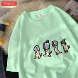 Niedliche Katzen mit Fisch Baumwoll-T-Shirt | Lustiges Cartoon-Grafik-T-Shirt für Damen