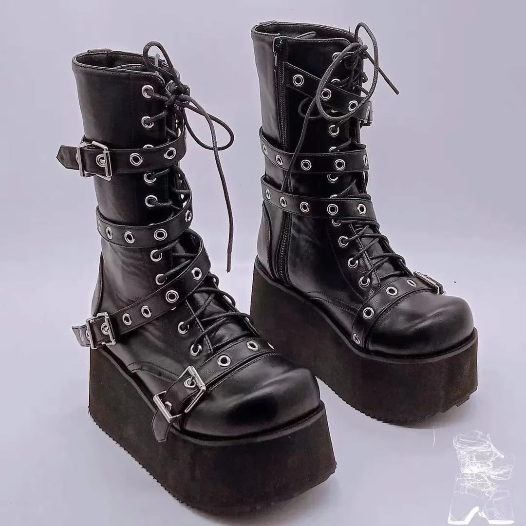 Women’s Punk Wedge Lace-Up Gothic Cross-Tied Platform Mid-Boots