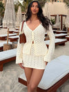 Knit Hollow-Out 2-Piece Skirt Set for Women – V-Neck Cardigan Coat and High-Waist Mini Skirt