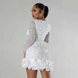 Sexy Langarm Rüschen Minikleid – Glitzerndes Hot-Drilling- & Perlenbesetztes Geburtstagskleid