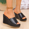 Women’s Peep Toe Black PU Leather Chunky Platform Wedge Sandals Super High Heel Weave Pattern Shoes