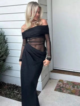 Sexy Mesh Ruched Maxi Dress – See Through Off Shoulder Long Sleeve Sheath
