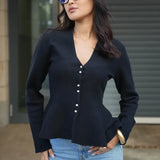 Women’s Ruffled Knit Cardigan – Elegant V-Neck Slim Fit Sweater