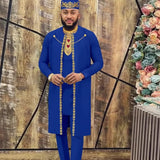 Men’s 4-Piece Agbada Set – Embroidery Robe, Shirt, Pants, and Hat, Traditional Dashiki Wedding Suit