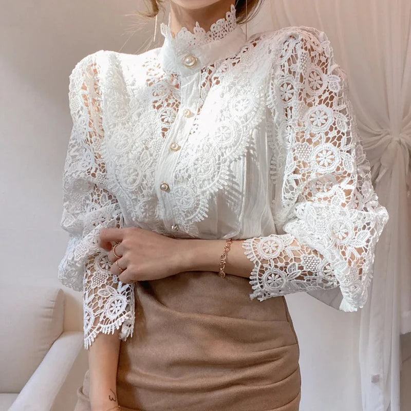 Women’s High Neck Long Sleeve Lace Blouse | Elegant Hollow Paneled Sleeve Top